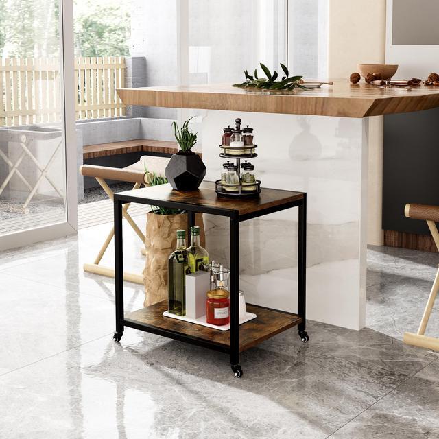 Alt view image 2 of 7 - Mobile Utility Rolling Cart, 2-Tire Small Storage Shelf with Wheels, Rustic Moving Home Cart, End Table with Metal Frame,18H x 17.7L x 14W for Painting, Party, Kitchen Retro Brown SZCJ20401RC