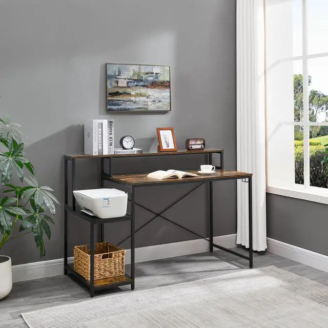 Alt view image 3 of 7 - ASARUDA Computer Desk with Monitor Stand, Home Office Table with Storage Shelf, Rustic Bookcase, 54 Small Desk for Writing Working Drawing Gaming Retro and Black TF-PGDSZ-20401-CM