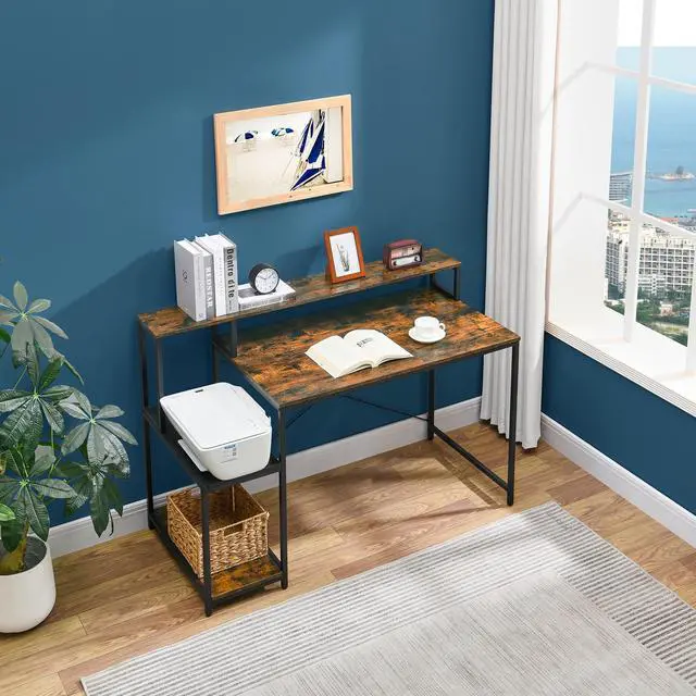 Alt view image 4 of 7 - ASARUDA Computer Desk with Monitor Stand, Home Office Table with Storage Shelf, Rustic Bookcase, 54 Small Desk for Writing Working Drawing Gaming Retro and Black TF-PGDSZ-20401-CM