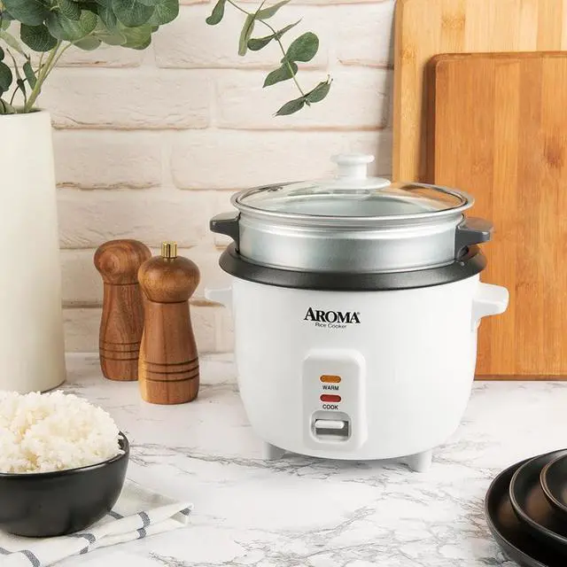 Alt view image 5 of 5 - Aroma 3-Cup Rice Cooker And Food Steamer, White