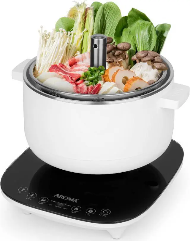 Alt view image 2 of 6 - Aroma Housewares 2.5-Liter Smart Electric Hot Pot & Rapid Boil Steamer with Automatic Stainless Steel Steamer Basket Lift, White, ASP-700