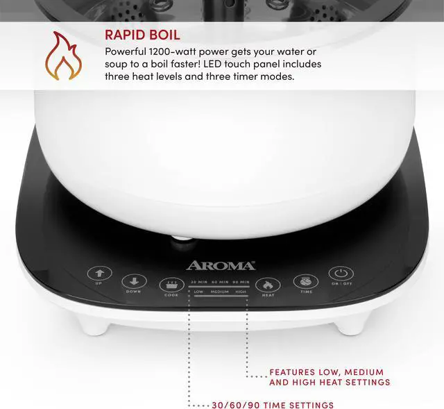 Alt view image 5 of 6 - Aroma Housewares 2.5-Liter Smart Electric Hot Pot & Rapid Boil Steamer with Automatic Stainless Steel Steamer Basket Lift, White, ASP-700