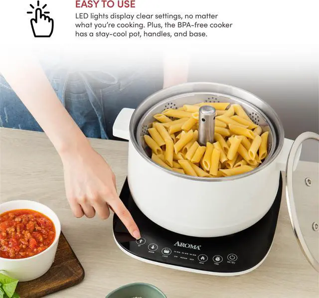 Alt view image 6 of 6 - Aroma Housewares 2.5-Liter Smart Electric Hot Pot & Rapid Boil Steamer with Automatic Stainless Steel Steamer Basket Lift, White, ASP-700