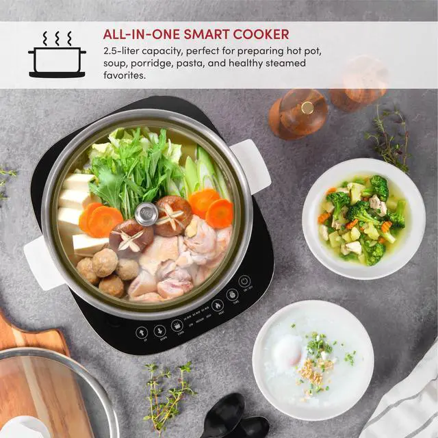 Alt view image 3 of 6 - Aroma Housewares 2.5-Liter Smart Electric Hot Pot & Rapid Boil Steamer with Automatic Stainless Steel Steamer Basket Lift, White, ASP-700