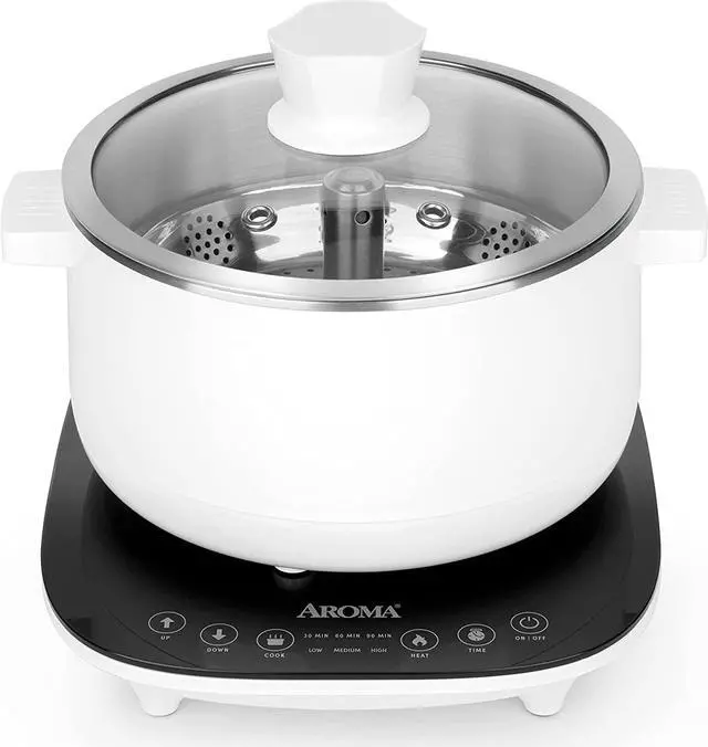 Main image of Aroma Housewares 2.5-Liter Smart Electric Hot Pot & Rapid Boil Steamer with Automatic Stainless Steel Steamer Basket Lift, White, ASP-700