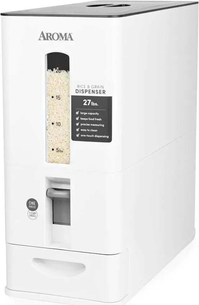 Alt view image 3 of 4 - Aroma Housewares 27lbs Large Rice Dispenser, 7.25 x 16.5 x 16.5 inches, White