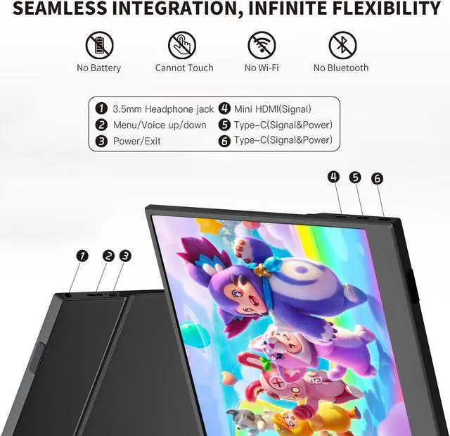Alt view image 7 of 7 - REHISK 15.6" inch Portable Monitor IPS FHD 1080P gaming monitor for laptop with HDMI USB-C HDR Eye Care laptop monitor extender for PC Phone PS4 Xbox dual speakers