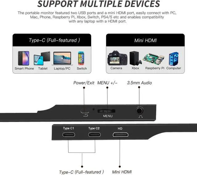 Alt view image 2 of 7 - ReHisk 15.6 inch IPS Portable Monitor 1080PHDR laptop monitor extender for laptop PC Phone Xbox PS4 Switch with USB-C HDMI Smart Cover Built-in Speaker Second screen