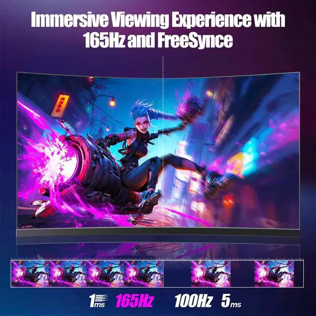 Alt view image 5 of 7 - Rehisk 27'' Curved 2K Gaming Monitor 165Hz 2560*1440 1ms Response Time AdaptiveSync with Dual HDMI & DP1.2 Ultra-Slim Bezel