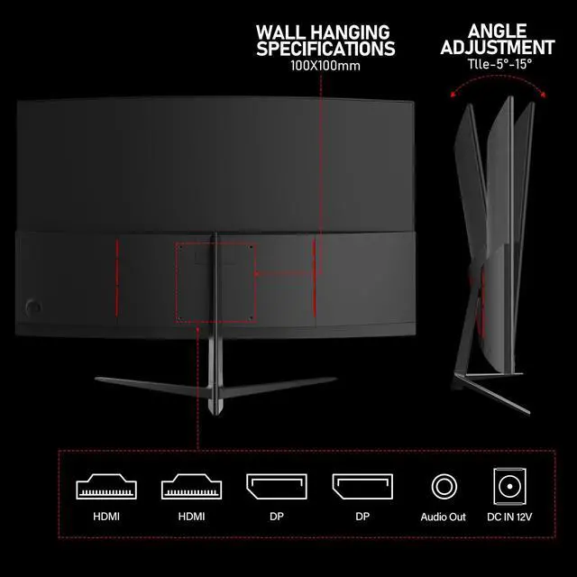 Alt view image 6 of 7 - Rehisk 27'' Curved 2K Gaming Monitor 165Hz 2560*1440 1ms Response Time AdaptiveSync with Dual HDMI & DP1.2 Ultra-Slim Bezel