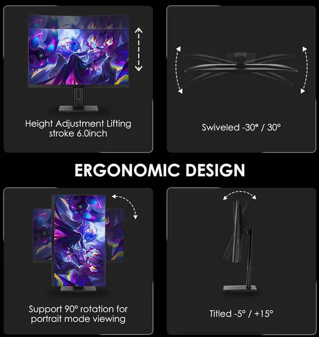 Alt view image 6 of 7 - 27" IPS 180Hz Gaming Monitor, 0.5ms Response time, 2560x1440, 320 Nits, 100% sRGB, FreeSync, VESA75*75mm, HDR10, Adjustable Tilt & Swivel computer monitor