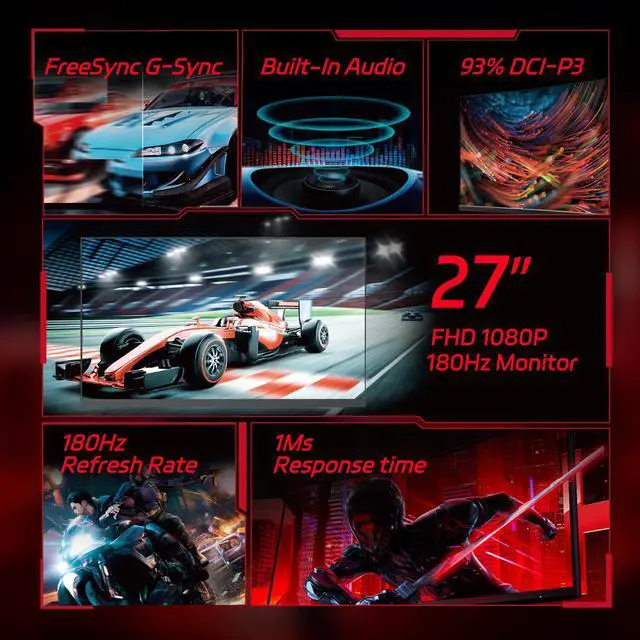 Alt view image 2 of 7 - 27" FHD 1080P gaming Monitor, 180Hz Refresh Rate, 1ms Response Time, FreeSync & G-Sync Compatible, VESA Mountable (75mm x 75mm), HDMI/DP/USB-A/Earphone/Power Ports