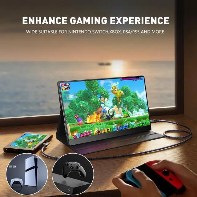 Alt view image 4 of 7 - REHISK 15.6 inch Portable Monitor FHD 1080P gaming monitor External Monitor with mini HDMI and USB-C for Laptop PC Mac Phones PS4/5 Xbox nintendo switch built in 2 speakers Build in stand