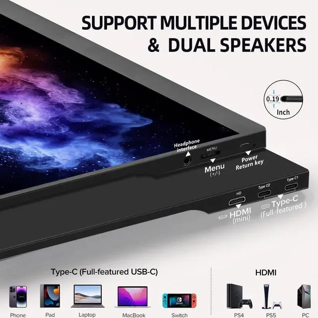 Alt view image 5 of 7 - REHISK 15.6 inch Portable Monitor FHD 1080P gaming monitor External Monitor with mini HDMI and USB-C for Laptop PC Mac Phones PS4/5 Xbox nintendo switch built in 2 speakers Build in stand
