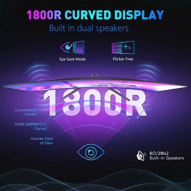 Alt view image 2 of 7 - 24" FHD Curved Gaming Monitor, 100Hz, 3ms, Free-Sync, 91% DCI-P3, Built-in 2W Speakers, HDMI/DP/USB-A