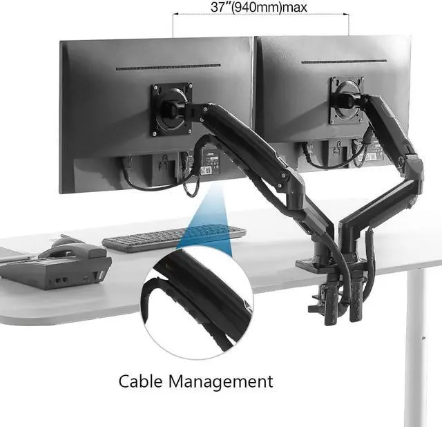 Alt view image 4 of 6 - Dual Monitor Mount for 15-32 Inch Screens, Adjustable Gas Spring Arm, 4.4-19.8lbs per Screen, Cable Management, Clamp & Grommet Base  Heavy Duty