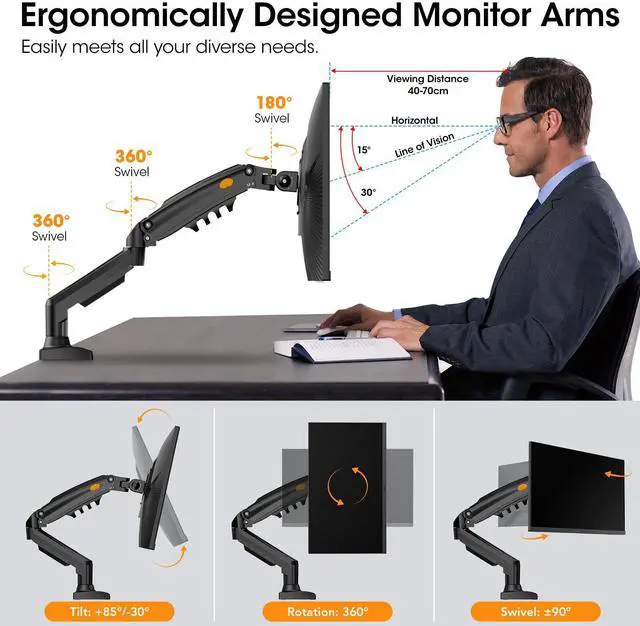 Alt view image 2 of 7 - Single Monitor Mount, 17 to 32 Inch, 4.4 to 19.8lbs, Adjustable Gas Spring Monitor Arm with Cable Management, Clamp & Grommet Base