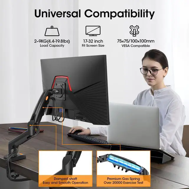 Alt view image 4 of 7 - Single Monitor Mount, 17 to 32 Inch, 4.4 to 19.8lbs, Adjustable Gas Spring Monitor Arm with Cable Management, Clamp & Grommet Base