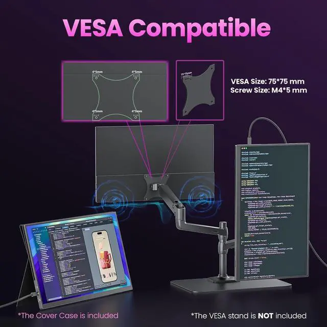 Alt view image 4 of 7 - ReHisk 18.5" Portable Monitor FHD 1080P HDR gaming monitor with VESA 75x75mm 100Hz HDMI USB-C External Monitor for Laptop PS4 PS5 Switch Xbox build in 2 speakers