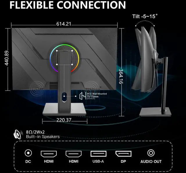 Alt view image 6 of 7 - 27 Inch 180Hz Gaming Monitor, QHD 1440P 1ms Fast IPS 2K Computer Gamer Monitor, Adaptive Sync, HDR , Tilt Adjustment, VESA Compatible, Eye Care, DisplayPort HDMI RE-272KV11