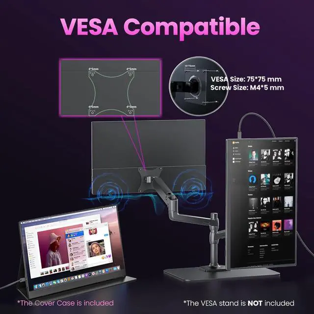Alt view image 7 of 7 - 18.5 inch Portable Monitor, 100HZ 120% sRGB 1080P FHD IPS Large Portable Monitor For Laptop USB C Mini HDMI HDR Laptop Monitor With Kickstand For Mac PC Xbox PS4/5 Switch Travel Monitor 75x75 VESA