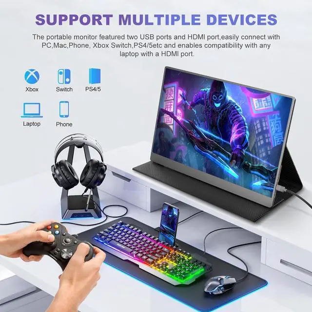Alt view image 6 of 7 - 18.5 inch Portable Monitor, 100HZ 120% sRGB 1080P FHD IPS Large Portable Monitor For Laptop USB C Mini HDMI HDR Laptop Monitor With Kickstand For Mac PC Xbox PS4/5 Switch Travel Monitor 75x75 VESA