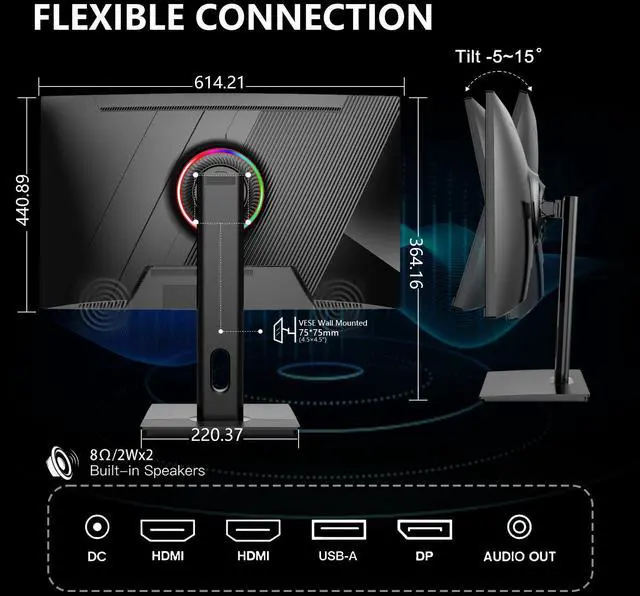 Alt view image 5 of 7 - 27"2K QHD Gaming Monitor 2560p,180Hz Refresh,1ms Response, Adaptive Sync, Dual HDMl2.1 & DP1.4, Ultra-Thin Narrow Bezel, Tilt Adjustable Design