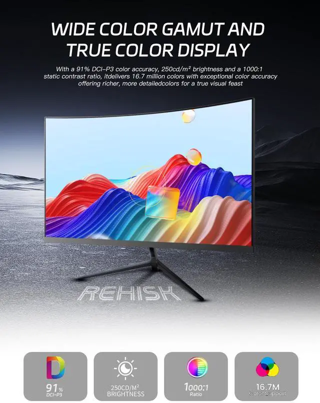 Alt view image 6 of 7 - REHISK 24 Curved Gaming Monitor  100Hz, 1ms, FHD, FreeSync, Eye-Care, Ultra-Slim, HDMI & DP, Built-in Speakers, VESA Mount