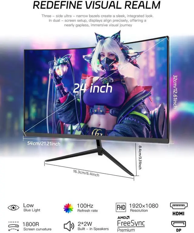 Alt view image 2 of 7 - Rehisk 24'' FHD Gaming Monitor - 1080p, 100Hz Refresh, 1ms Response, AdaptiveSync, Ultra-Thin Narrow Bezel, Tilt Adjustable Design#Black Friday 100hz 24inch