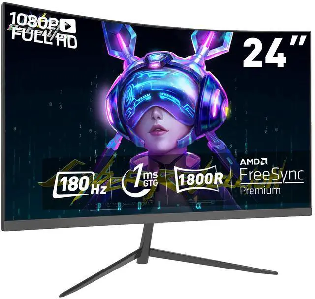 Main image of New 24" Curved Gaming Monitor, FHD 1080P, Ips 180Hz Refresh Rate, 1ms Response, AMD FreeSync, Ultra-Slim Design, HDMI/DP, VESA Mountable