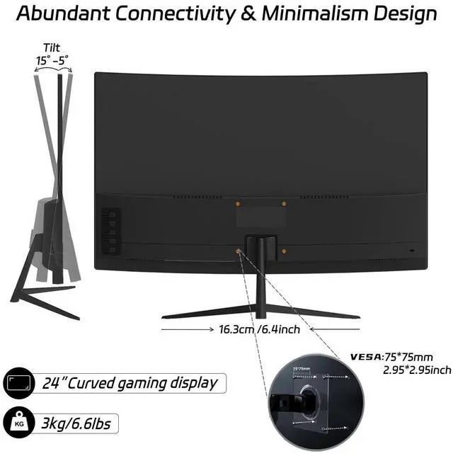 Alt view image 4 of 7 - New 24" Curved Gaming Monitor, FHD 1080P, Ips 180Hz Refresh Rate, 1ms Response, AMD FreeSync, Ultra-Slim Design, HDMI/DP, VESA Mountable