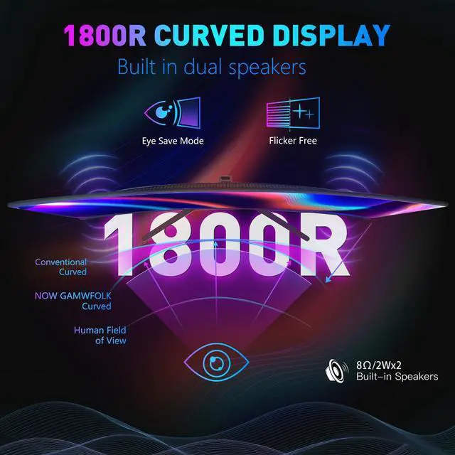 Alt view image 2 of 7 - New 24" Curved Gaming Monitor, FHD 1080P, Ips 180Hz Refresh Rate, 1ms Response, AMD FreeSync, Ultra-Slim Design, HDMI/DP, VESA Mountable