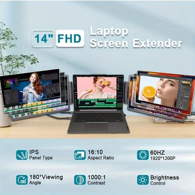 Alt view image 2 of 7 - ReHisk 14" portable monitor Laptop Screen Extender, Tri-Screen Portable Monitor with two 14 inch screens IPS FHD 1080P HDR 16:10 MiniHDMI USB-C USB-A Eye Care dual speakers for PC Phone PS4 Xbox Mac