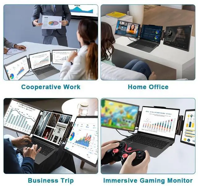 Alt view image 3 of 7 - ReHisk 14" portable monitor Laptop Screen Extender, Tri-Screen Portable Monitor with two 14 inch screens IPS FHD 1080P HDR 16:10 MiniHDMI USB-C USB-A Eye Care dual speakers for PC Phone PS4 Xbox Mac