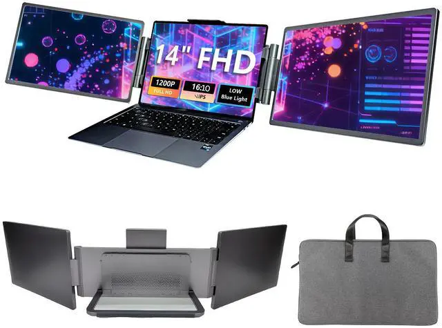Main image of ReHisk 14" portable monitor Laptop Screen Extender, Tri-Screen Portable Monitor with two 14 inch screens IPS FHD 1080P HDR 16:10 MiniHDMI USB-C USB-A Eye Care dual speakers for PC Phone PS4 Xbox Mac