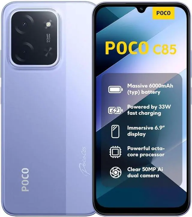 Main image of XIAOMI Poco C85 4G LTE (Compatible with Tmobile Tello Mint Metro & Global) Unlocked Dual SIM 6.9" 50MP Model 25078PC3EG International Version (256GB+8GB, Purple)