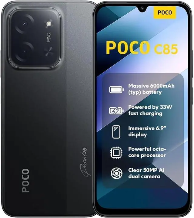 Main image of XIAOMI Poco C85 4G LTE (Compatible with Tmobile Tello Mint Metro & Global) Unlocked Dual SIM 6.9" 50MP Model 25078PC3EG International Version (256GB+8GB, Black)