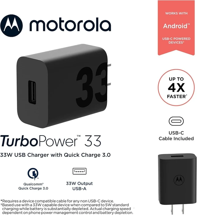 Alt view image 2 of 3 - Motorola TurboPower 33W QC3.0 Charger with 1m USB-A to USB-C Cable Works with Any USB Device. 110v-240v US Specs