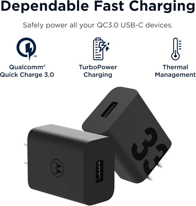 Alt view image 3 of 3 - Motorola TurboPower 33W QC3.0 Charger with 1m USB-A to USB-C Cable Works with Any USB Device. 110v-240v US Specs
