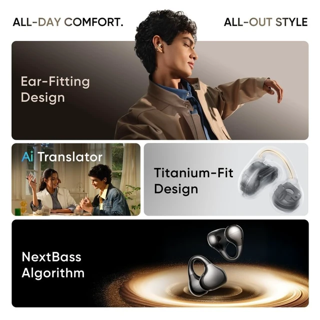 Alt view image 2 of 7 - Realme Buds Clip Open-Ear Wireless Earbuds, 11mm Dual Magnet Drivers, 3D Spatial Audio, 36H Playtime, AI ENC, IP55, 45ms Low Latency (Titanium Black)
