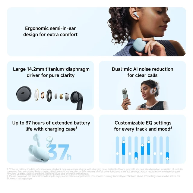 Alt view image 3 of 7 - Redmi Buds 8 Active, Wireless Earphones with Semi-in-Ear Design, 14.2mm Titanium Diaphragm Drivers, Bluetooth 5.4, 37H Long Battery Life, Dual Mic AI Noise Cancellation, Google Fast Pair, White