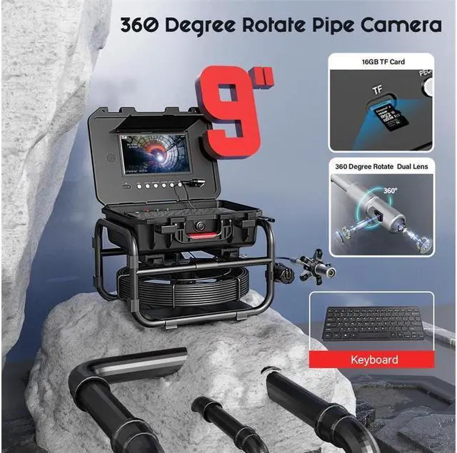 Main image of 9'' 30M HD 1080P Rotating Duct Camera Sewer Pipe Inspection Camera 32mm diameter rotating dual probe Video Cam Meter Counter DVR, sapphire lens w 512HZ Locator