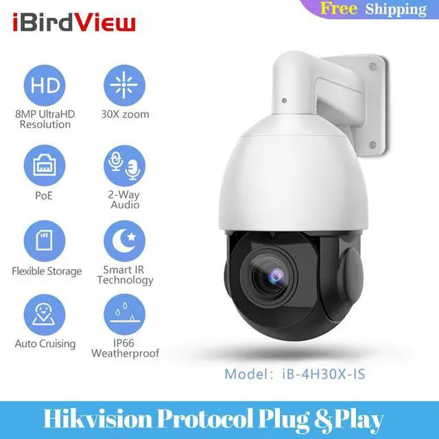 Main image of iBirdView Hikvision Compatiable 4K 8MP 30X POE PTZ Speed Dome Two-way intercom IP Camera Optical Zoom IR 50-80M Outdoor Smart Detection Human Vehicle Security Network Camera 1 Camera White