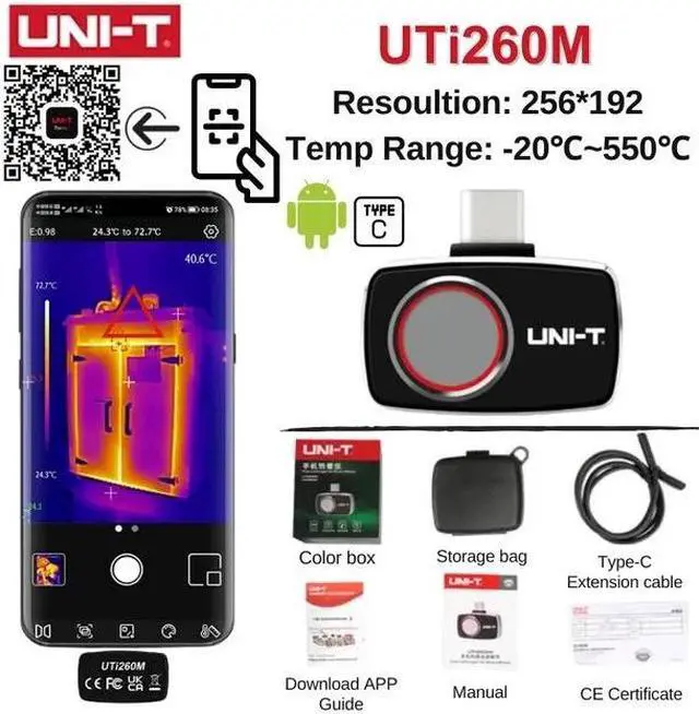 Alt view image 2 of 7 - UNI-T Thermal Camera UTi260M  Mobile Phone Thermal Imager for Phone for Android IOS Type-C UTi260M Infrared Thermal Imager