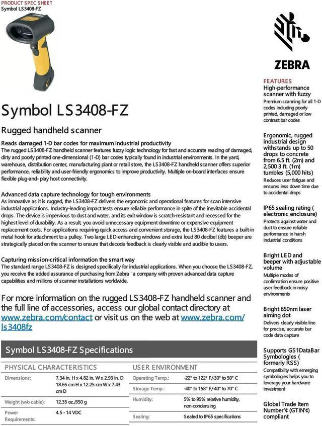 Alt view image 2 of 3 - Symbol LS3408-FZ20005R 1D Rugged Handheld Barcode Scanner with USB Cable