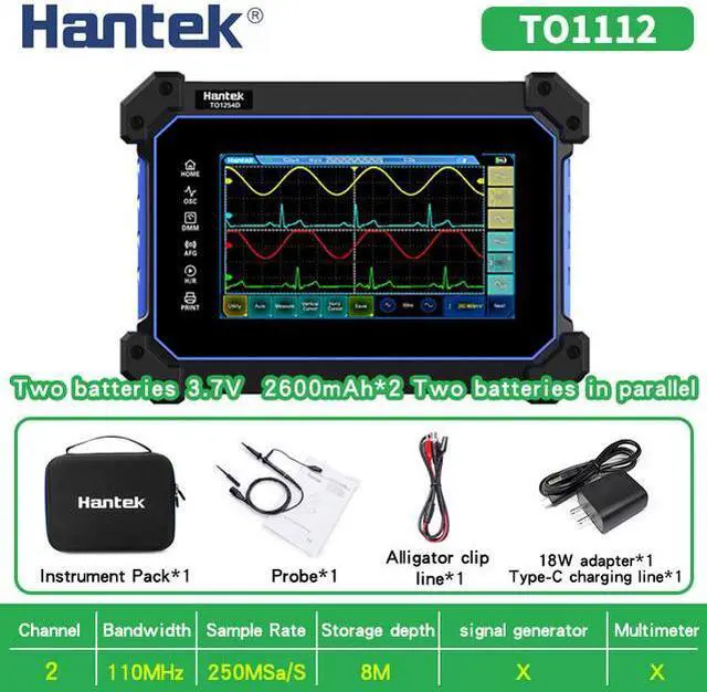 Main image of Hantek Handheld Touch Screen Digital Oscilloscope TO1112  portable 110Mhz 2-channels + Multimeter +Signal Generator