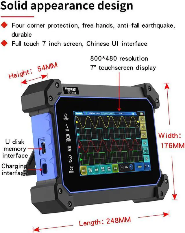 Alt view image 5 of 7 - Hantek Handheld Touch Screen Digital Oscilloscope TO1112  portable 110Mhz 2-channels + Multimeter +Signal Generator