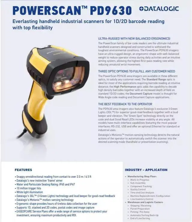 Alt view image 3 of 6 - Datalogic PowerScan PD9630-HP Ultra-Rugged Industrial 1D 2D Barcode Scanner RS232 Kit