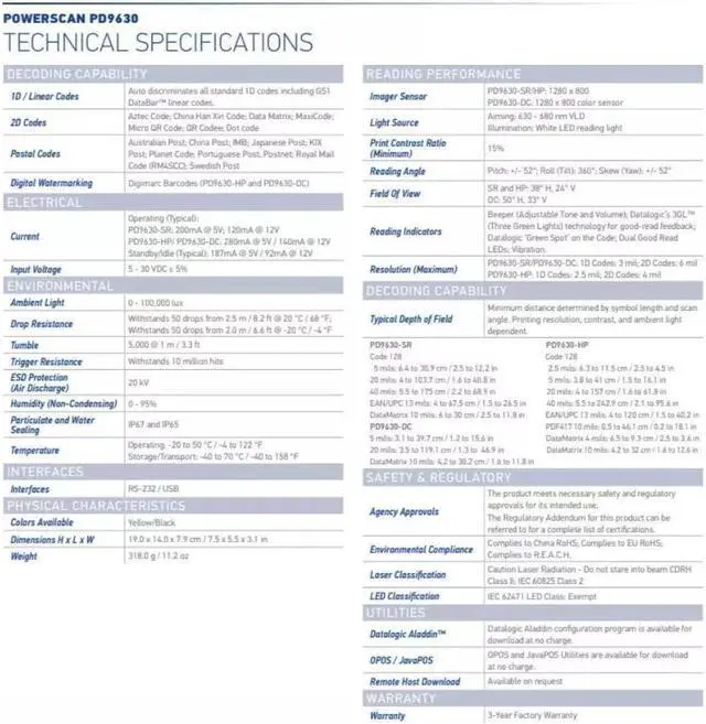 Alt view image 3 of 6 - Datalogic PowerScan PD9630-HP Ultra-Rugged Industrial 1D 2D Barcode Scanner RS232 Kit