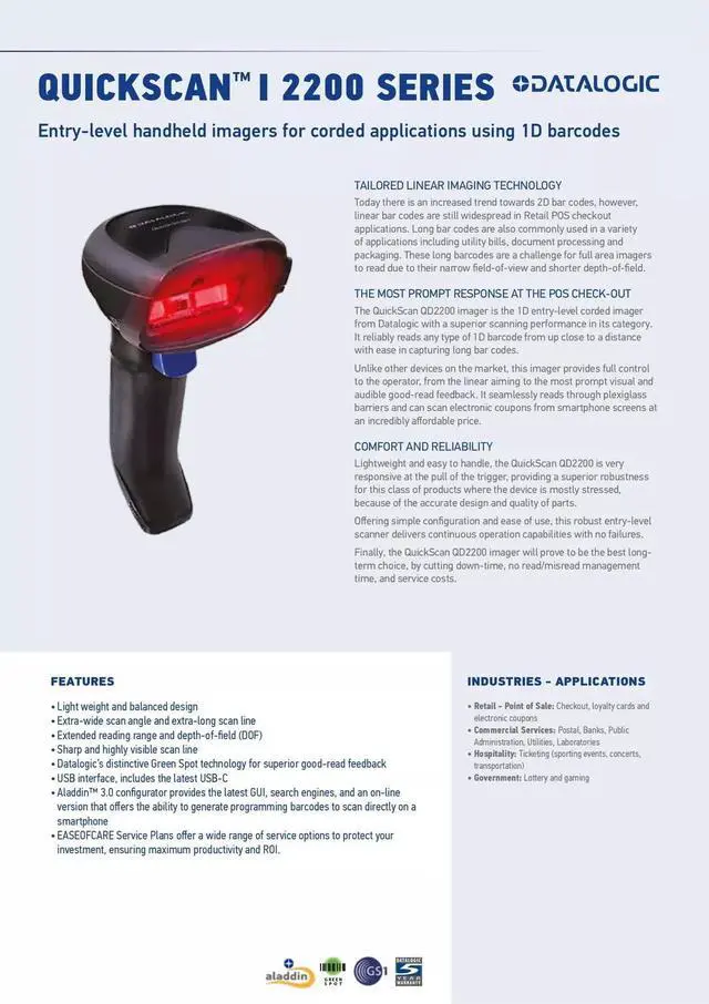 Alt view image 3 of 4 - Datalogic QD2220-BKK1 Handheld 2D Barcode Scanner Extra-long Scan Line USB Cable